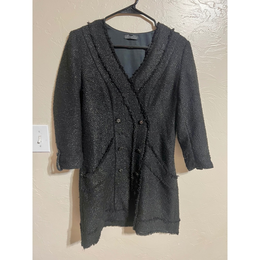 ZARA TRF Black Tweed Double Breasted Blazer Dress Sparkle Fringe Size L